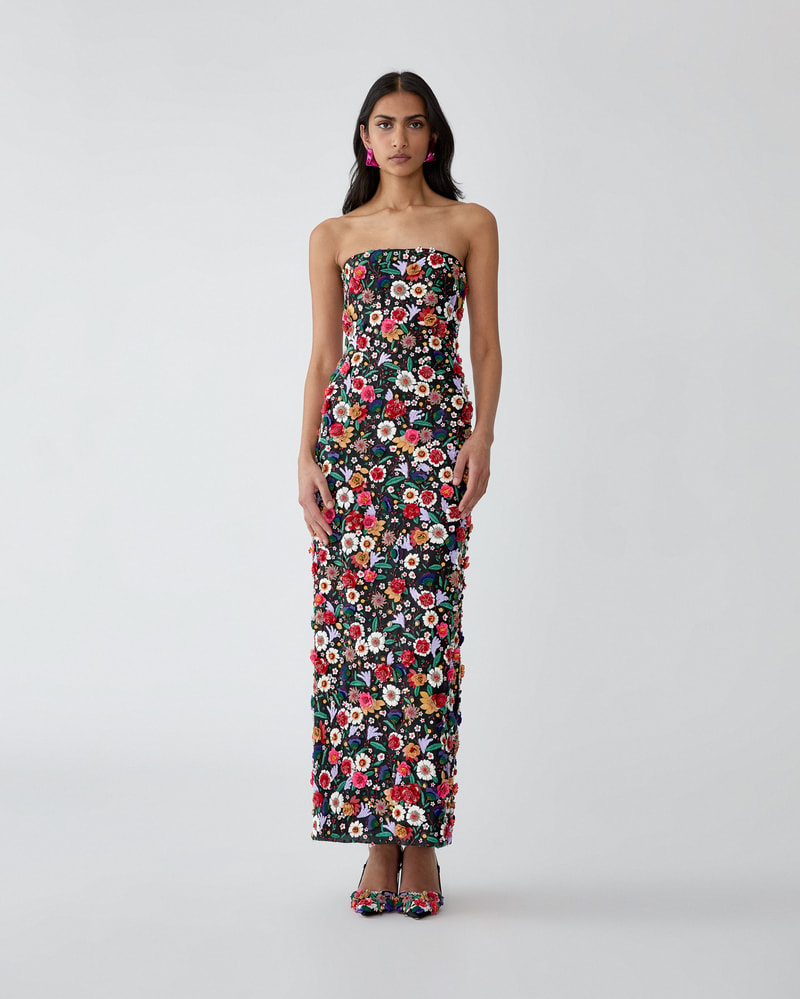 Multicolor Floral-Embroidered Organza Dress