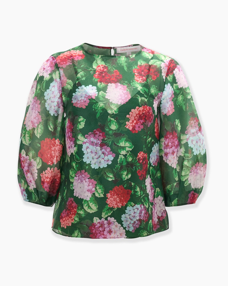 Hydrangea-Print Organza Puff-Sleeve Top