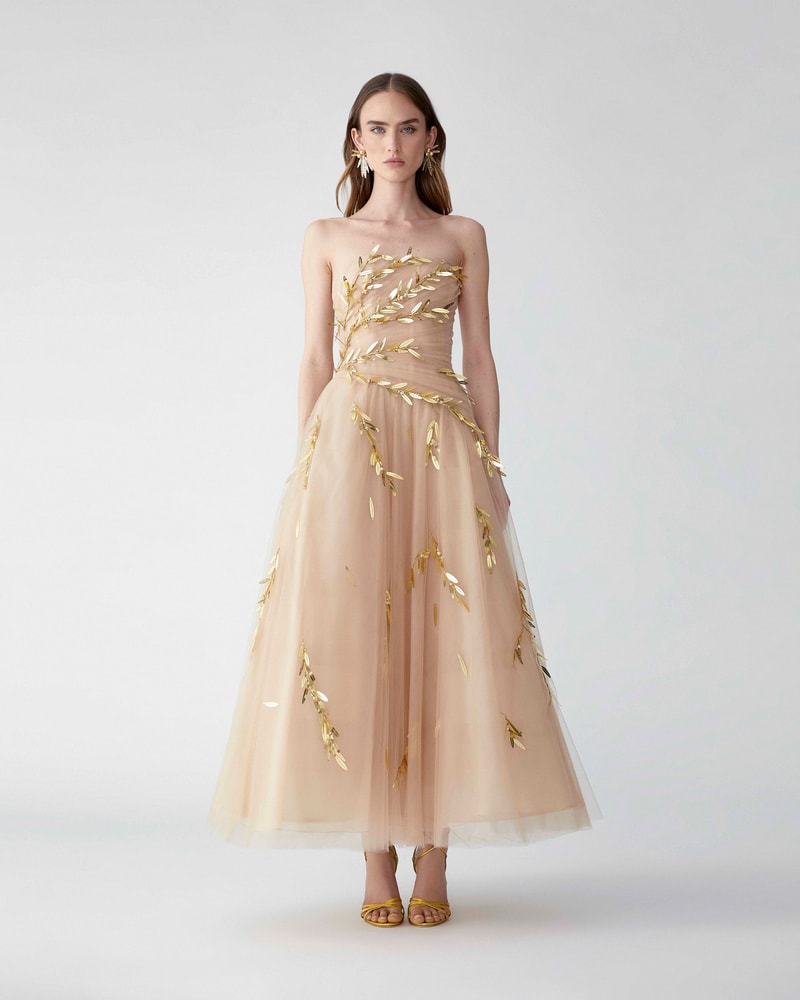 Embroidered Tulle Strapless Midi Dress