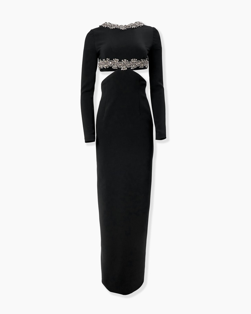 Embroidered Cutout-Waist Evening Gown