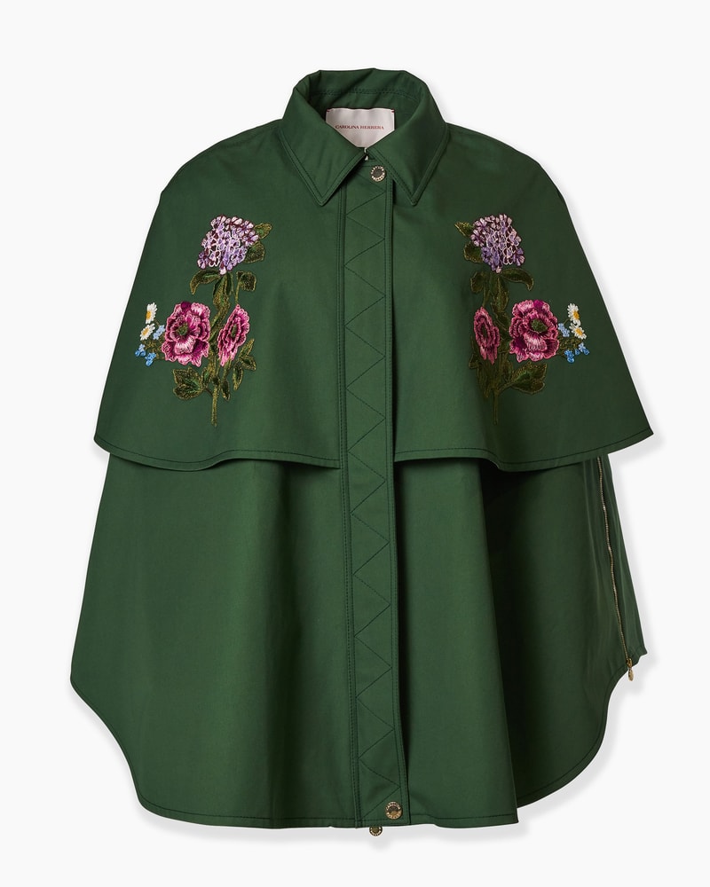 Floral-Embroidered Gabardine Cape