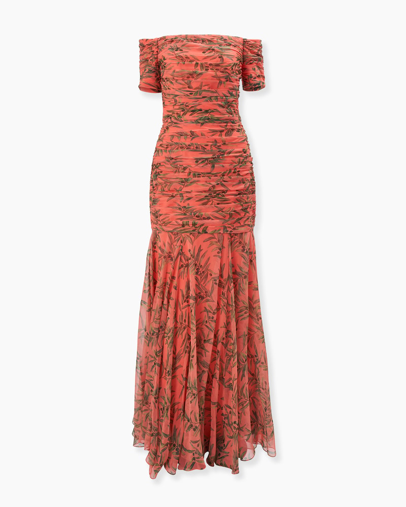 Olive Branch-Print Ruched Gown