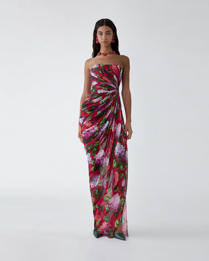 Hydrangea-Print Draped Chiffon Gown