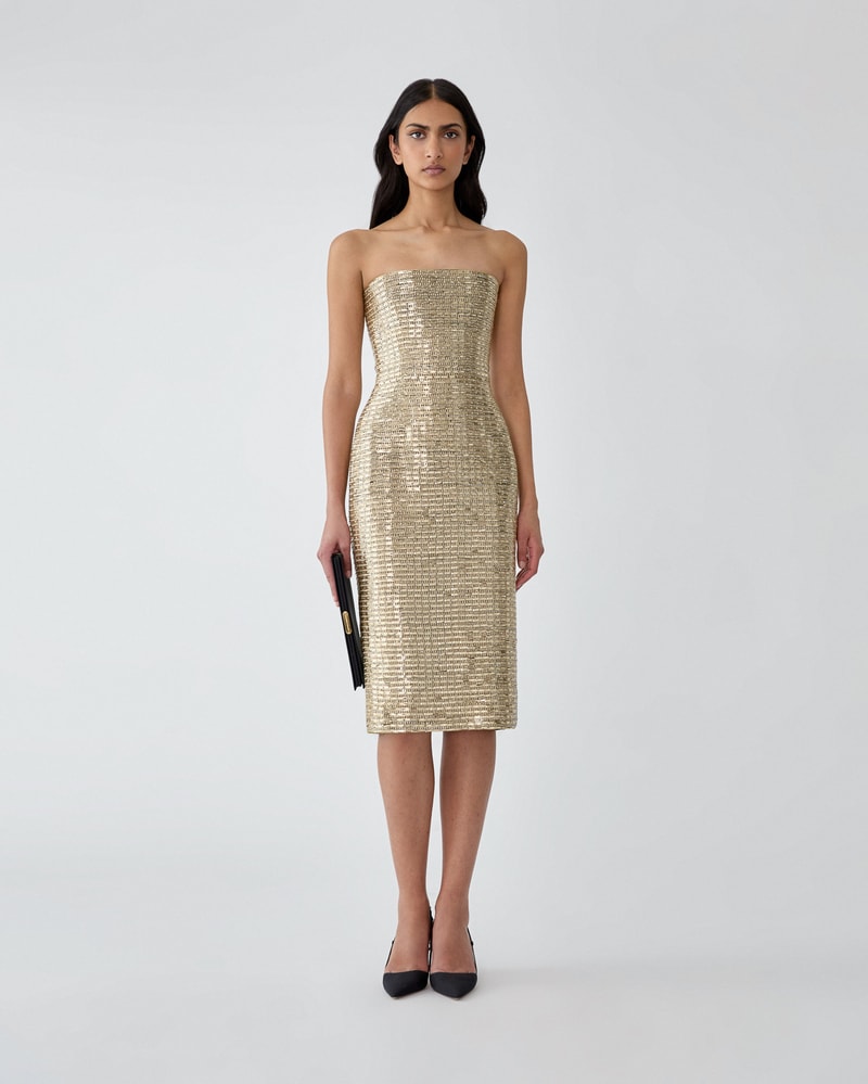 Gold-Embroidered Strapless Dress
