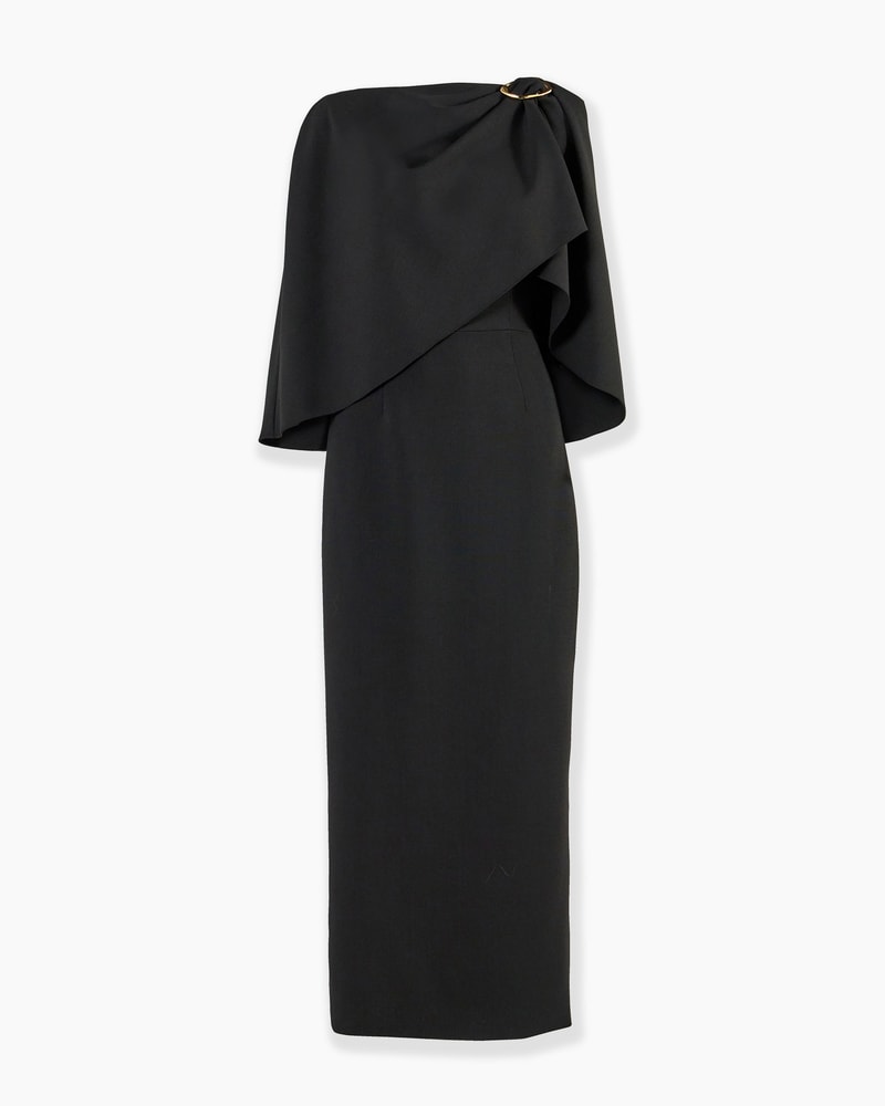 Cape-Sleeve Wool Midi Dress