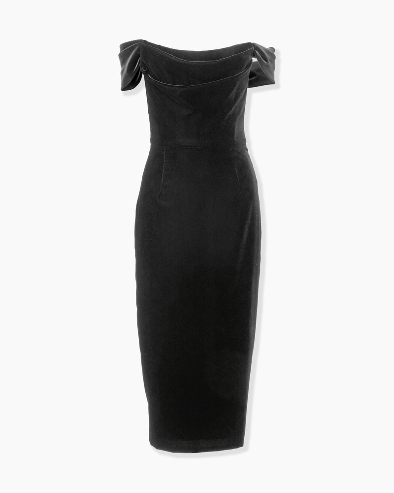 Off-Shoulder Stretch Velvet Midi Dress