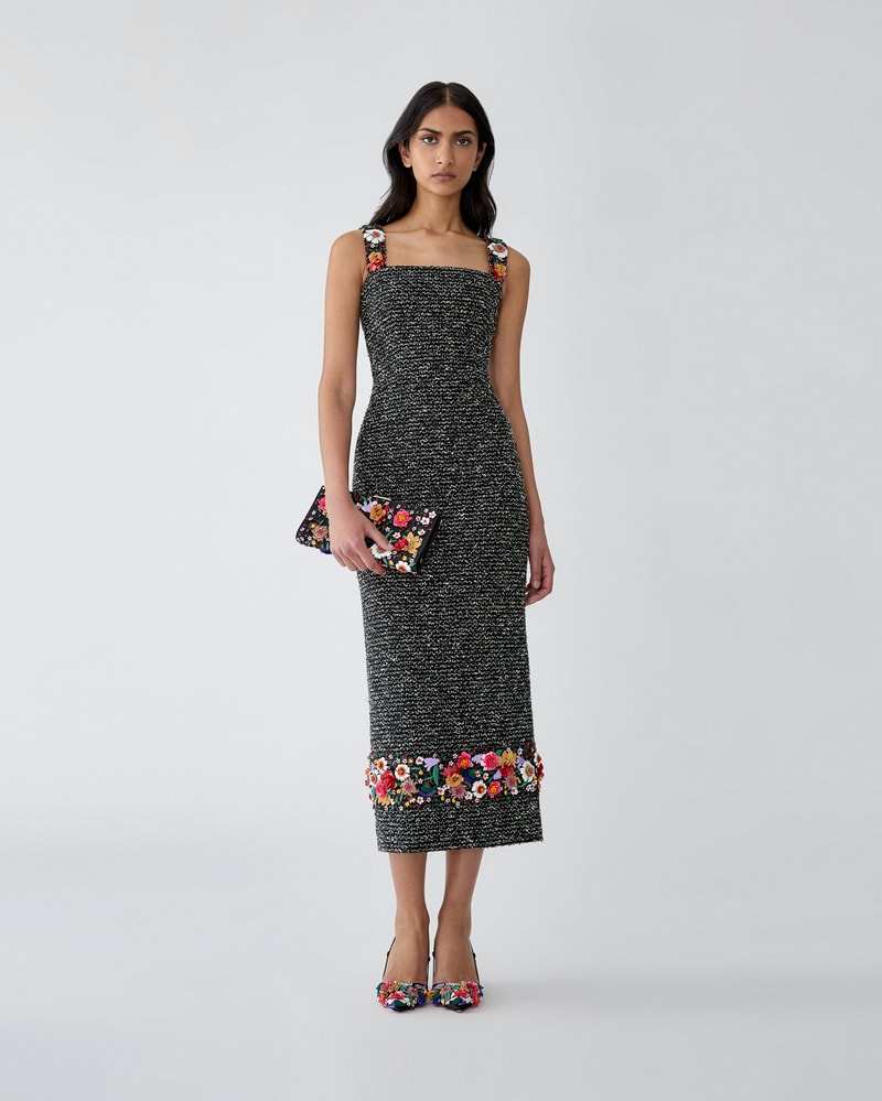 Floral-Embroidered Tweed Column Dress