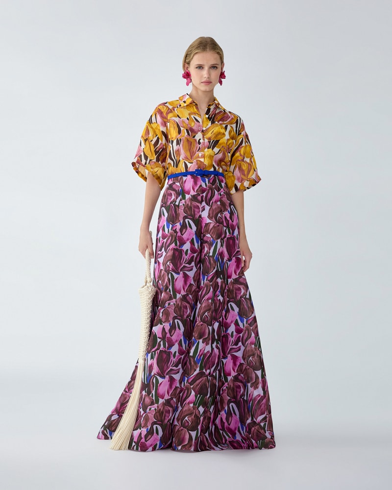 Iris-Print Silk Gazar Wide-Leg Pants