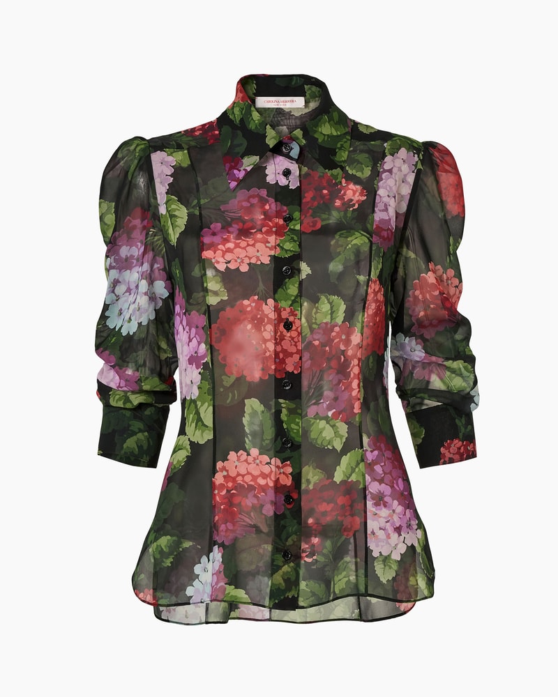 Hydrangea-Print Chiffon Blouse