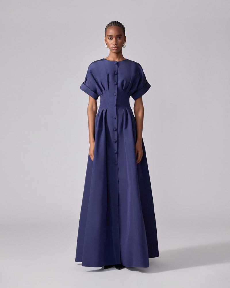 Rolled Sleeves Button-Front Gown