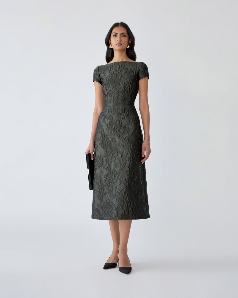 Floral Cloque Lurex Jacquard A-Line Dress