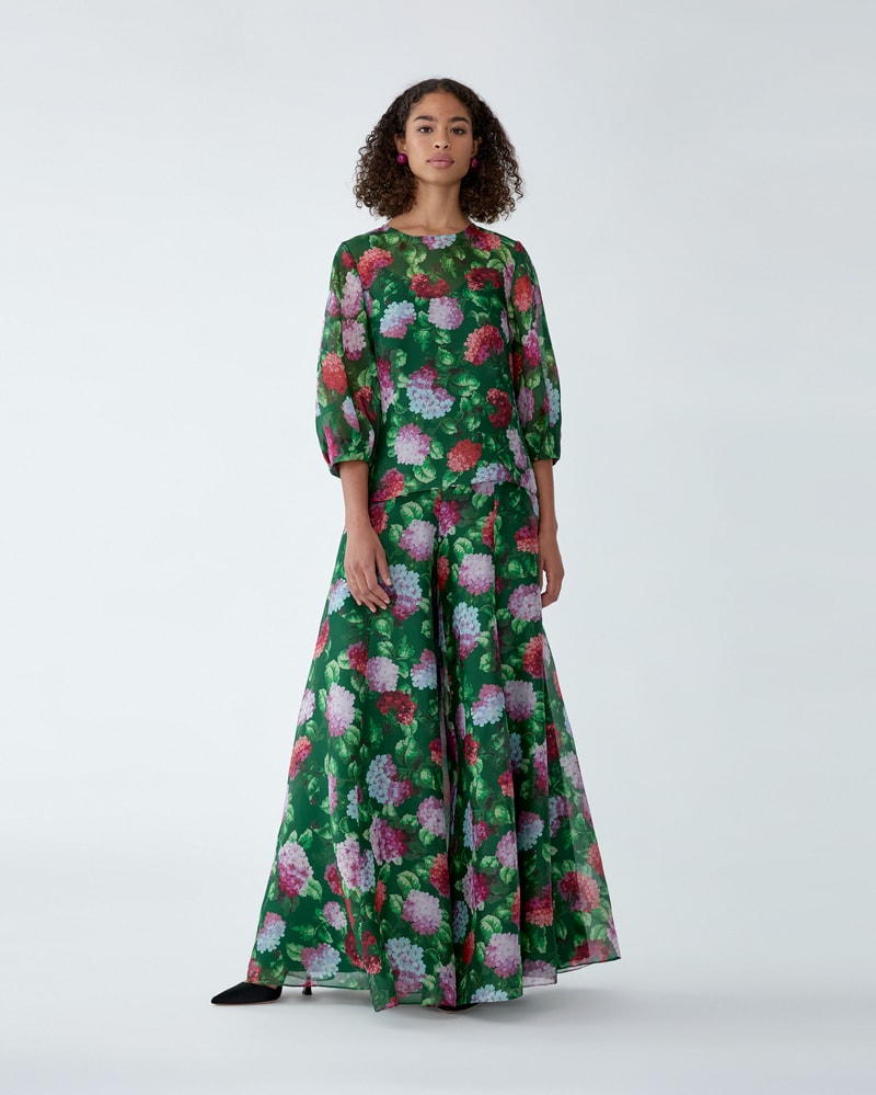 Hydrangea-Print Organza Iris Pants