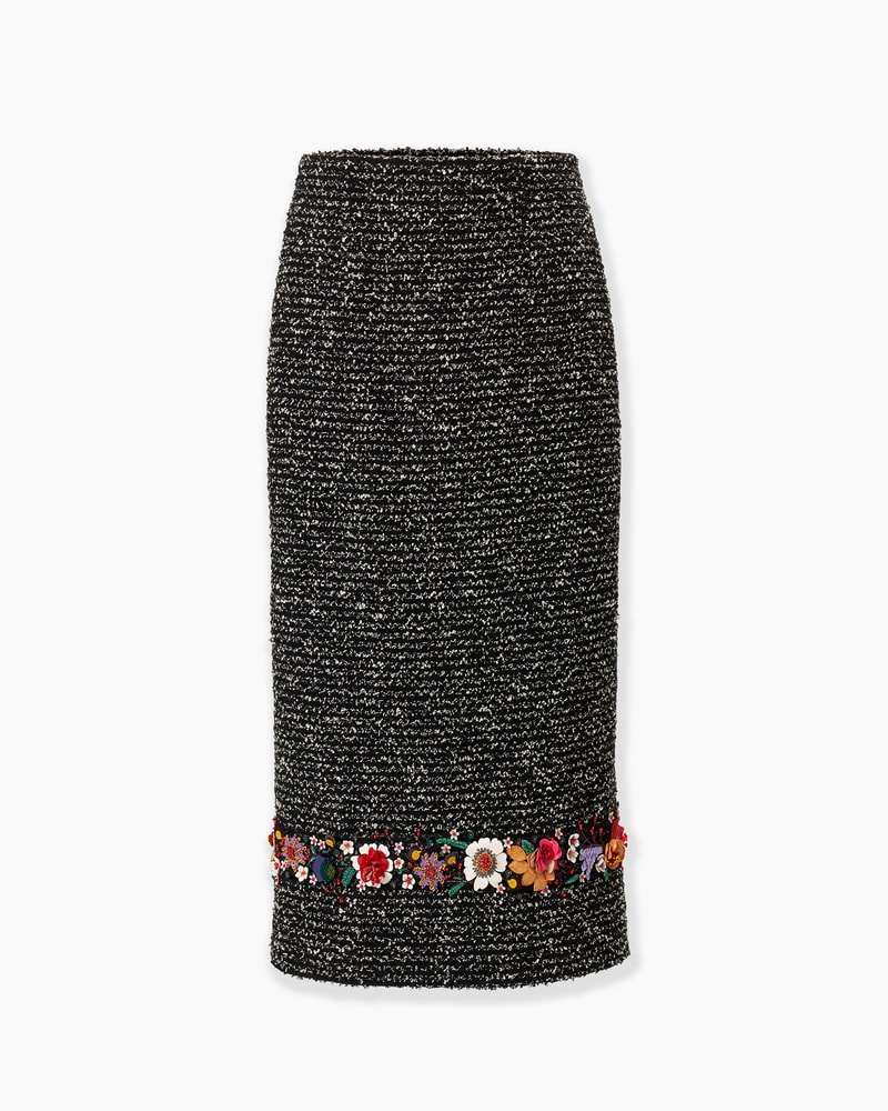 Floral-Embroidered Tweed Pencil Skirt