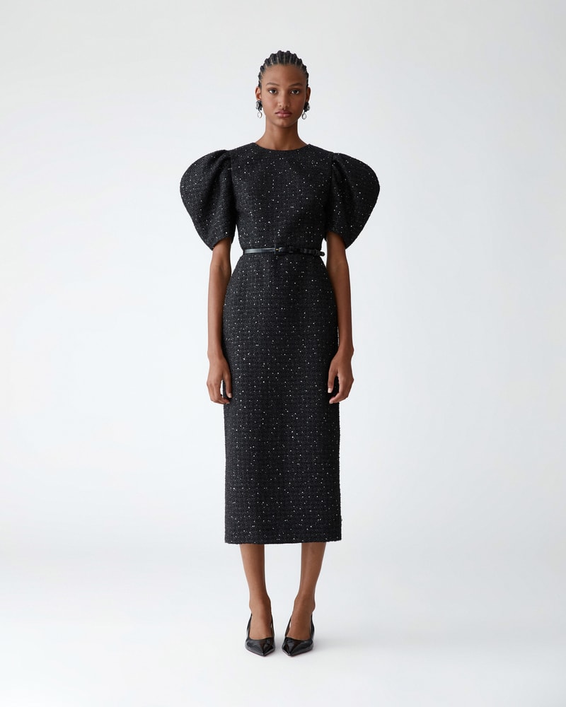 tweed midi dress with sleeves Blue Tweed Midi Dress | Vintage Style Wedding Guest Outfit