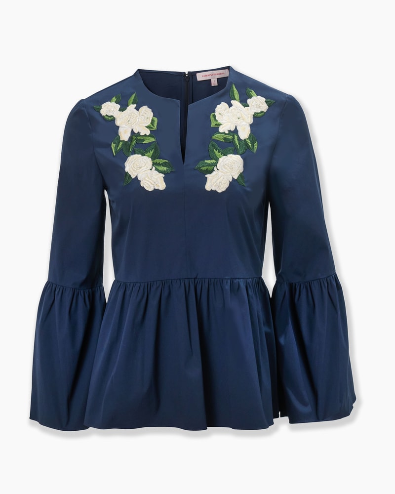 Floral-Embroidered Bell Sleeve Top