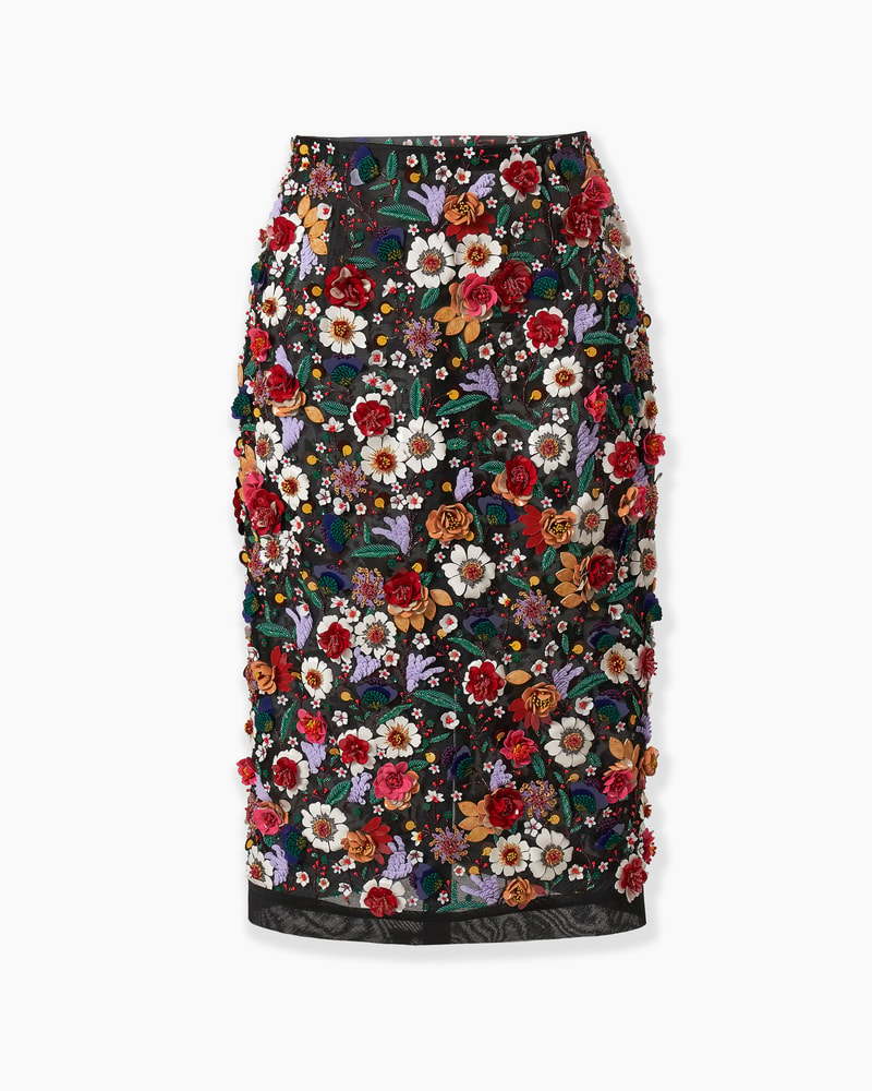 Multicolor Floral-Embroidered Organza Pencil Skirt