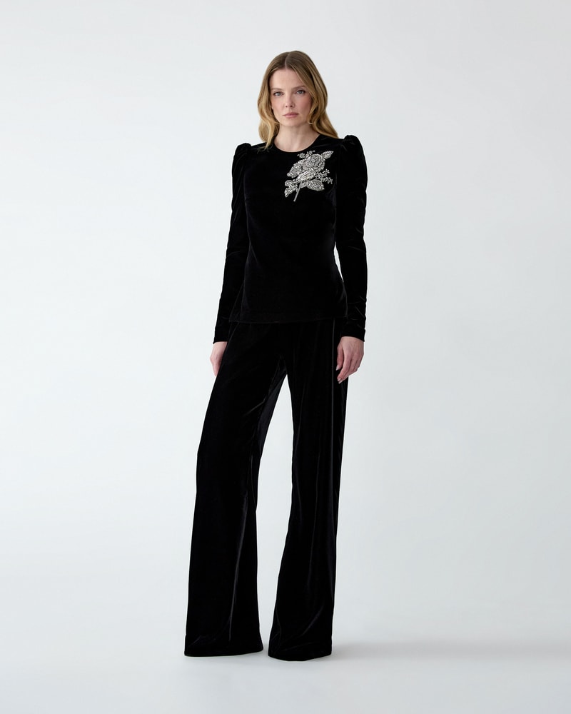 Rose-Embroidered Stretch Velvet Top