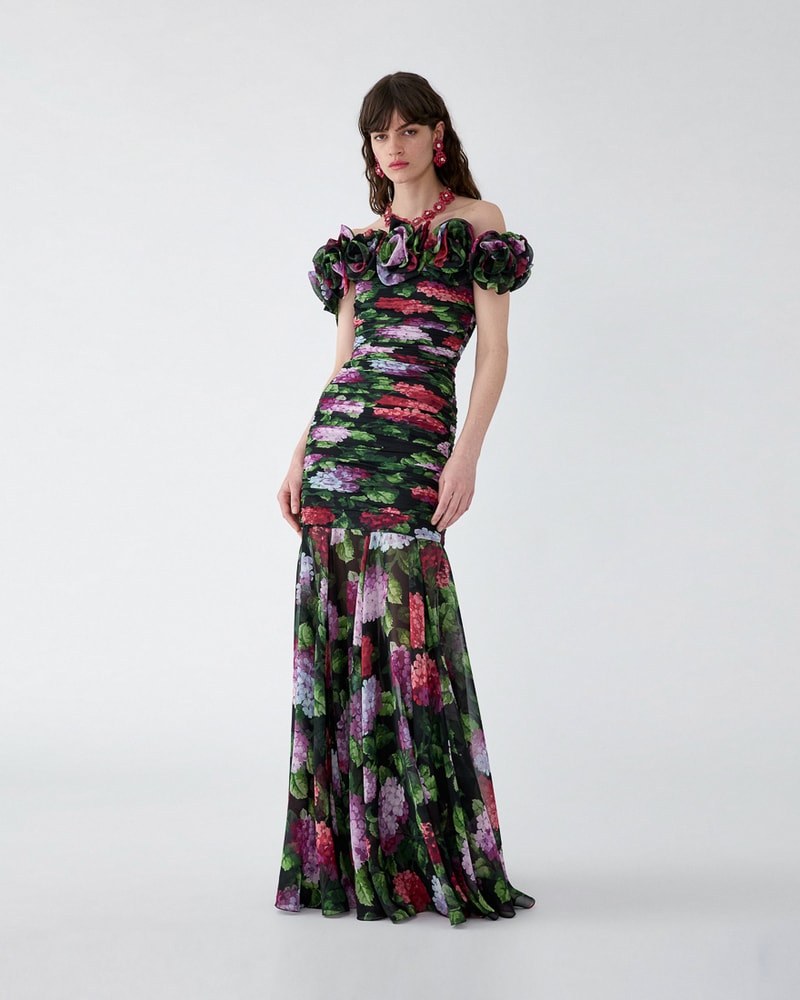 Hydrangea-Print Chiffon Off-Shoulder Gown