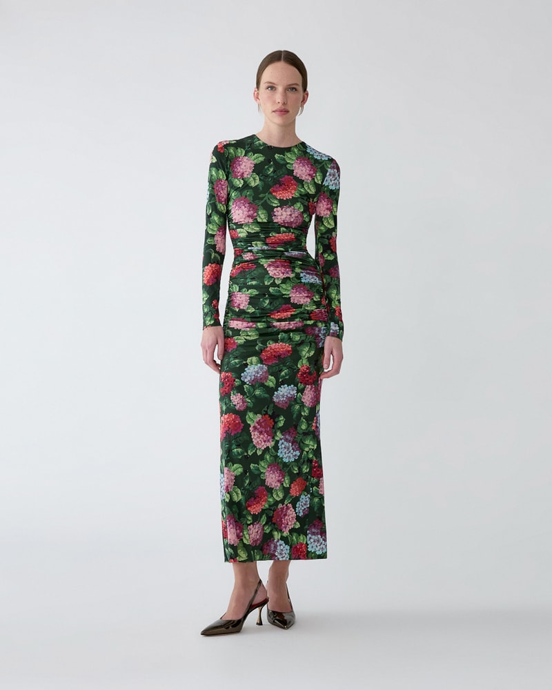 Hydrangea-Print Jersey Ruched Dress