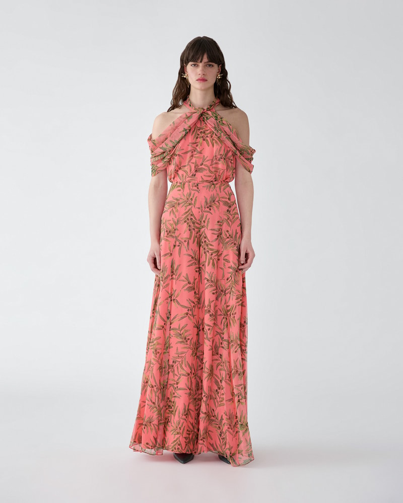 Olive Branch-Print Extra-Wide Leg Iris Pants