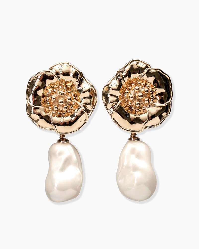 Gold Flower and Pearl Earrings