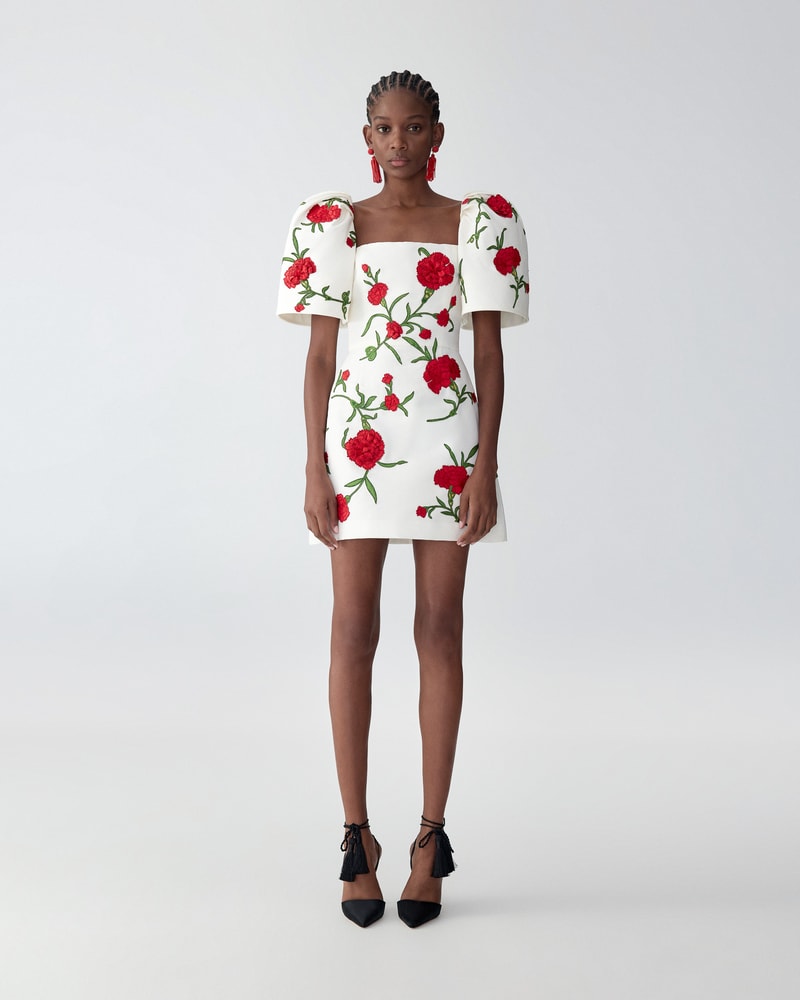 Carnation-Embroidered Bell Sleeve Mini Dress