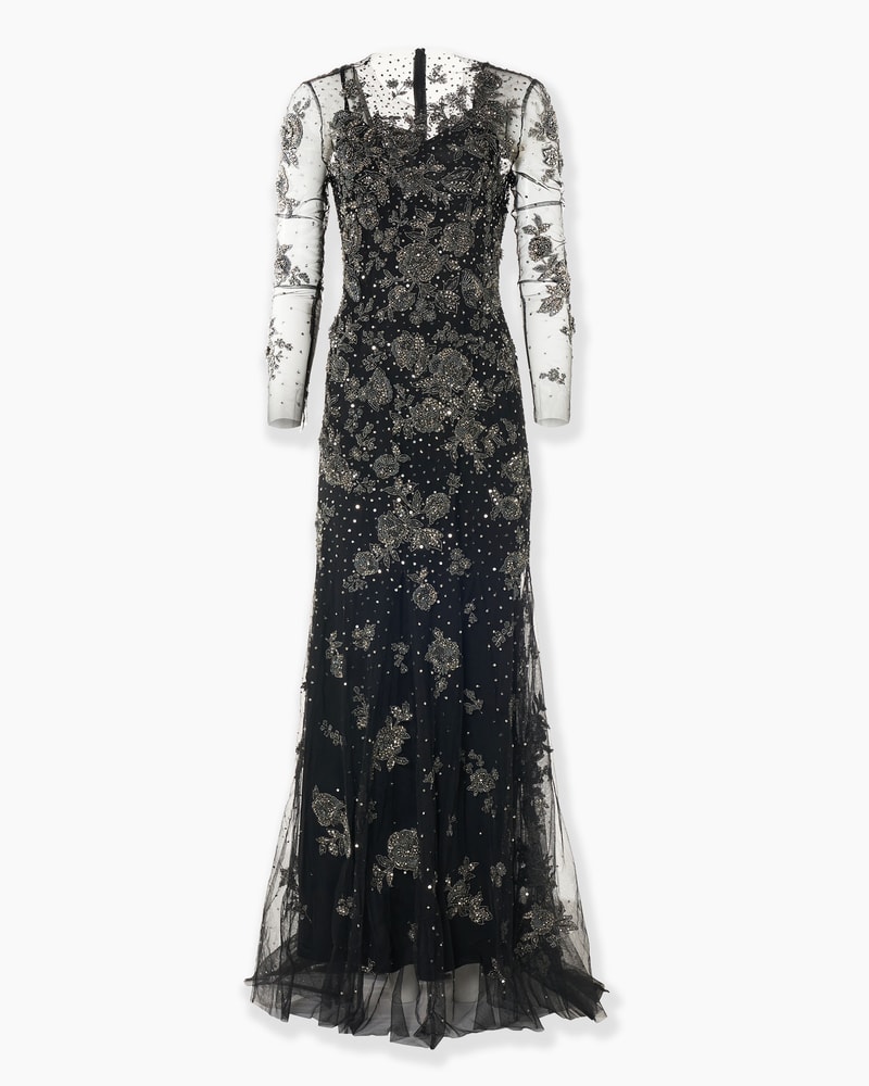 Trumpet Gown with Pewter Floral Embroidery
