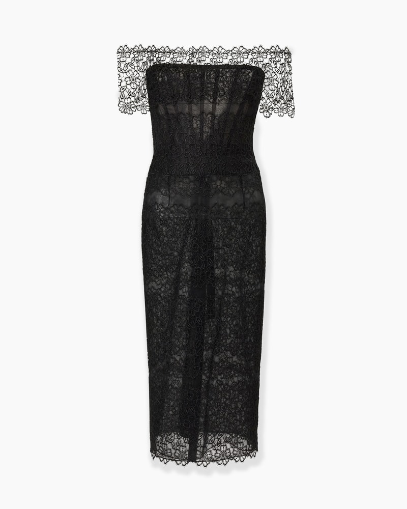 Lace-Trimmed Tulle Off-Shoulder Dress