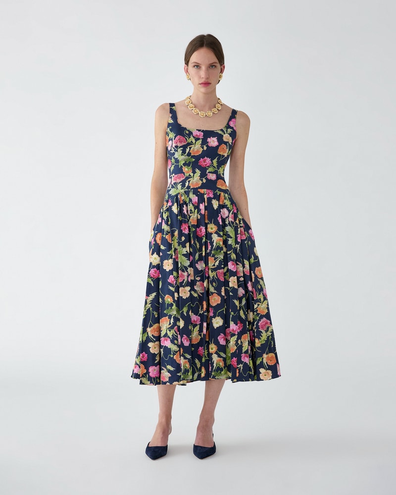 Poppy-Print Drop Waist Midi Dress