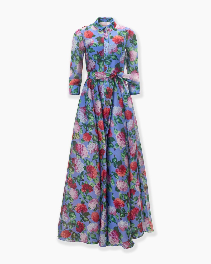Hydrangea-Print Organza Trench Gown