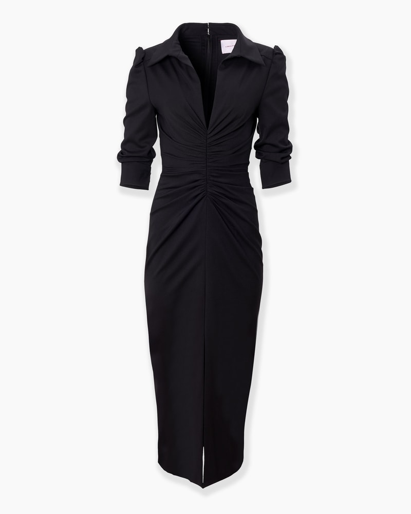 Ruched Point-Collar Midi Dress