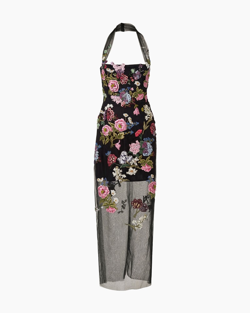 Column Gown with Floral Embroidery