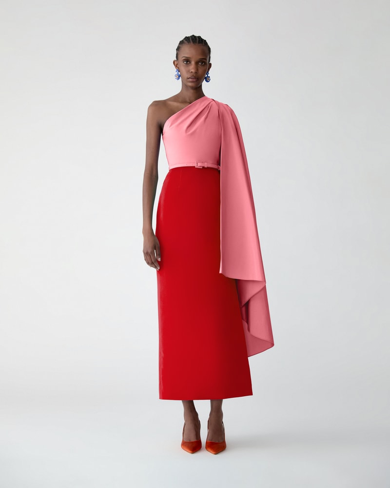 Color-Blocked Midi Dress with Detachable Cape