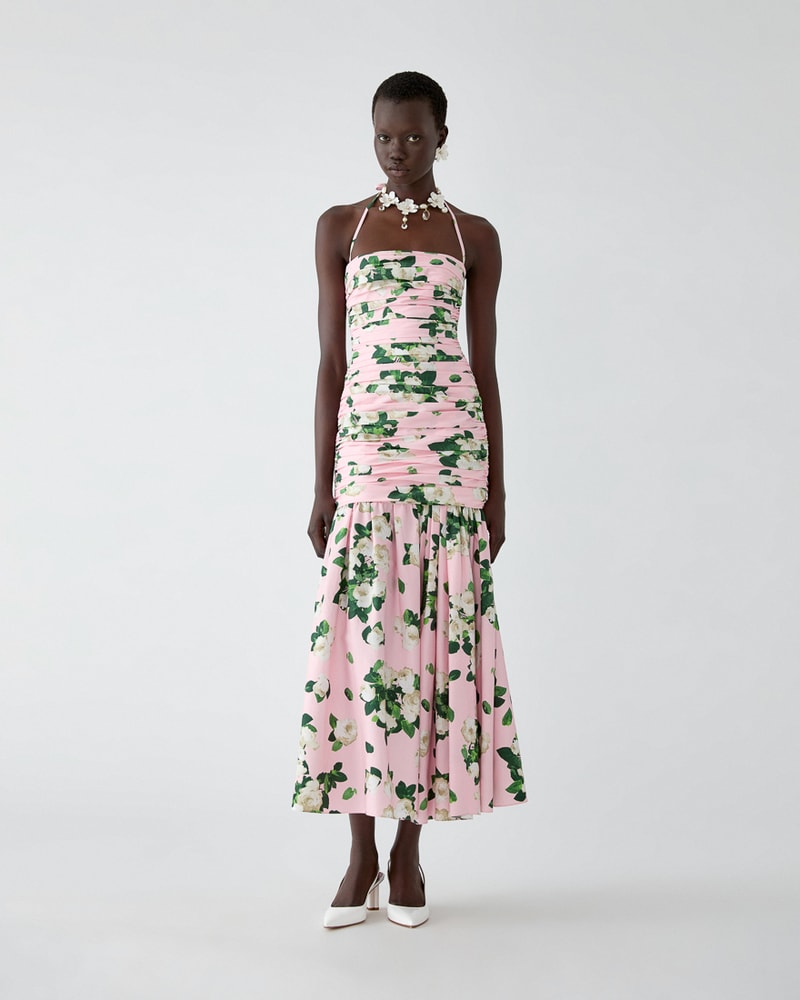 Rose-Print Gathered Midi Dress