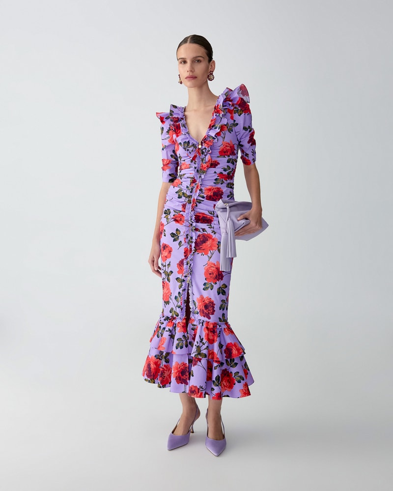 Rose-Print Ruched Midi Dress