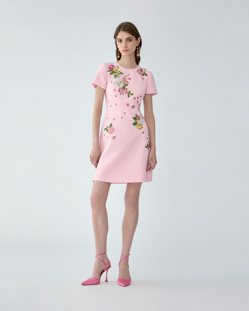 Floral-Embroidered Crepe Mini Dress