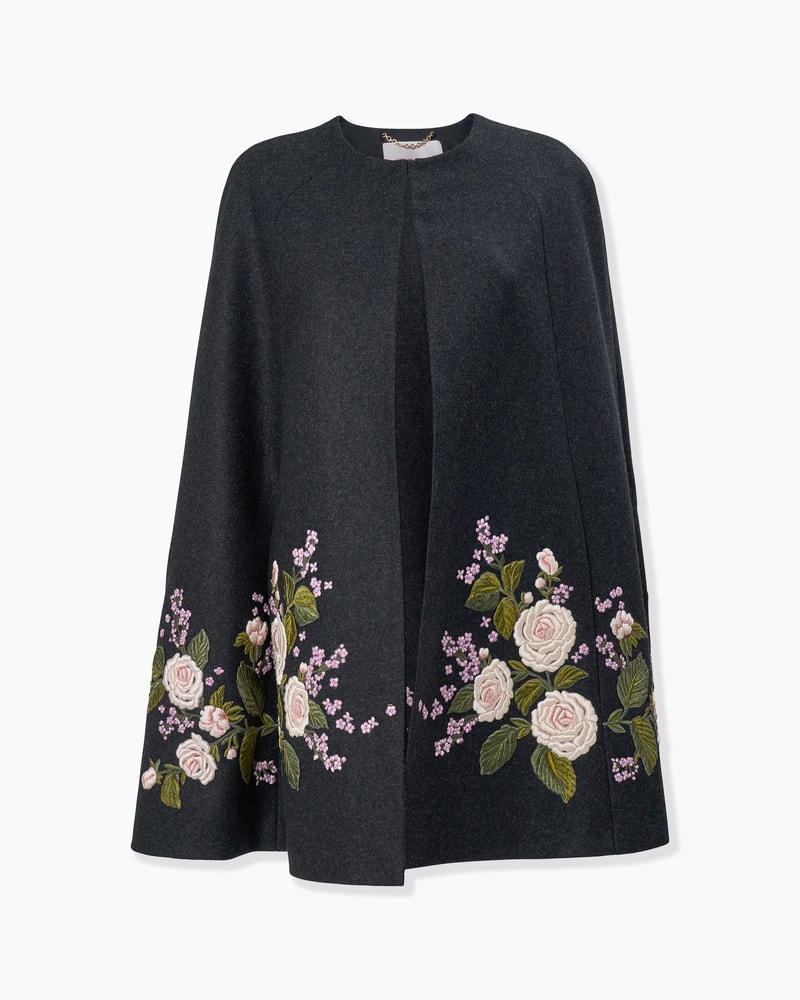 Rose-Embroidered Wool Cape