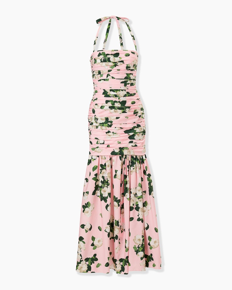 Rose-Print Gathered Midi Dress
