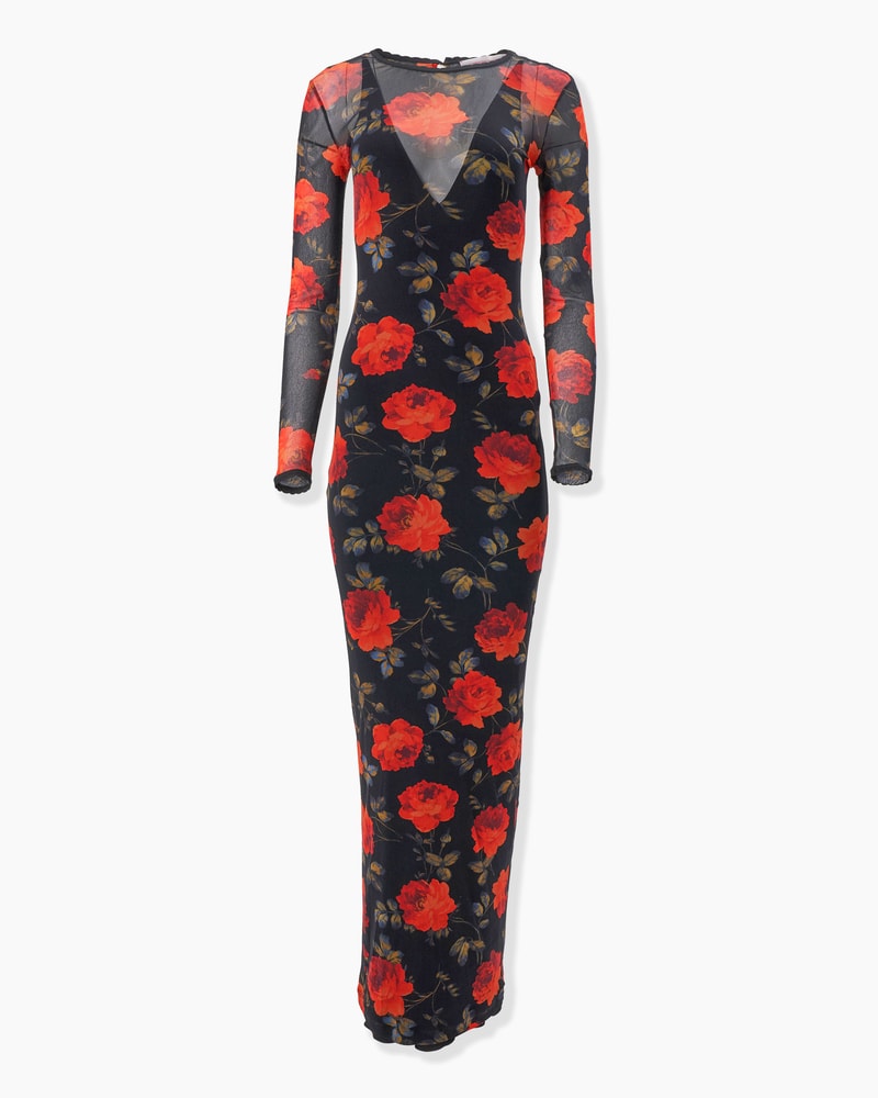 Rose-Print Mesh Midi Dress