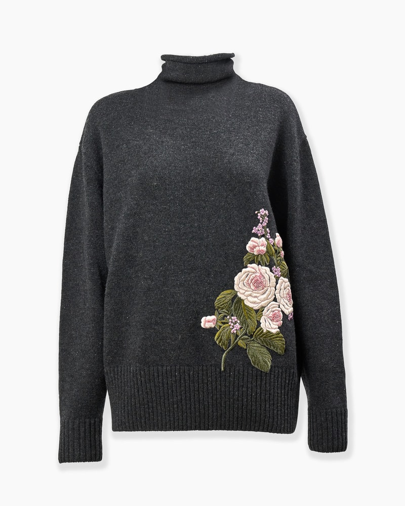 Rose-Embroidered Wool-Cashmere Turtleneck Sweater