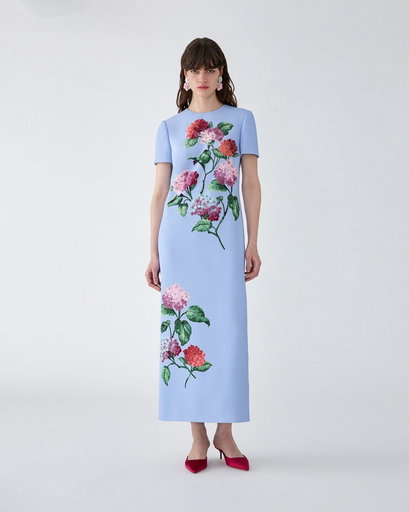 Hydrangea-Embroidered Midi Dress