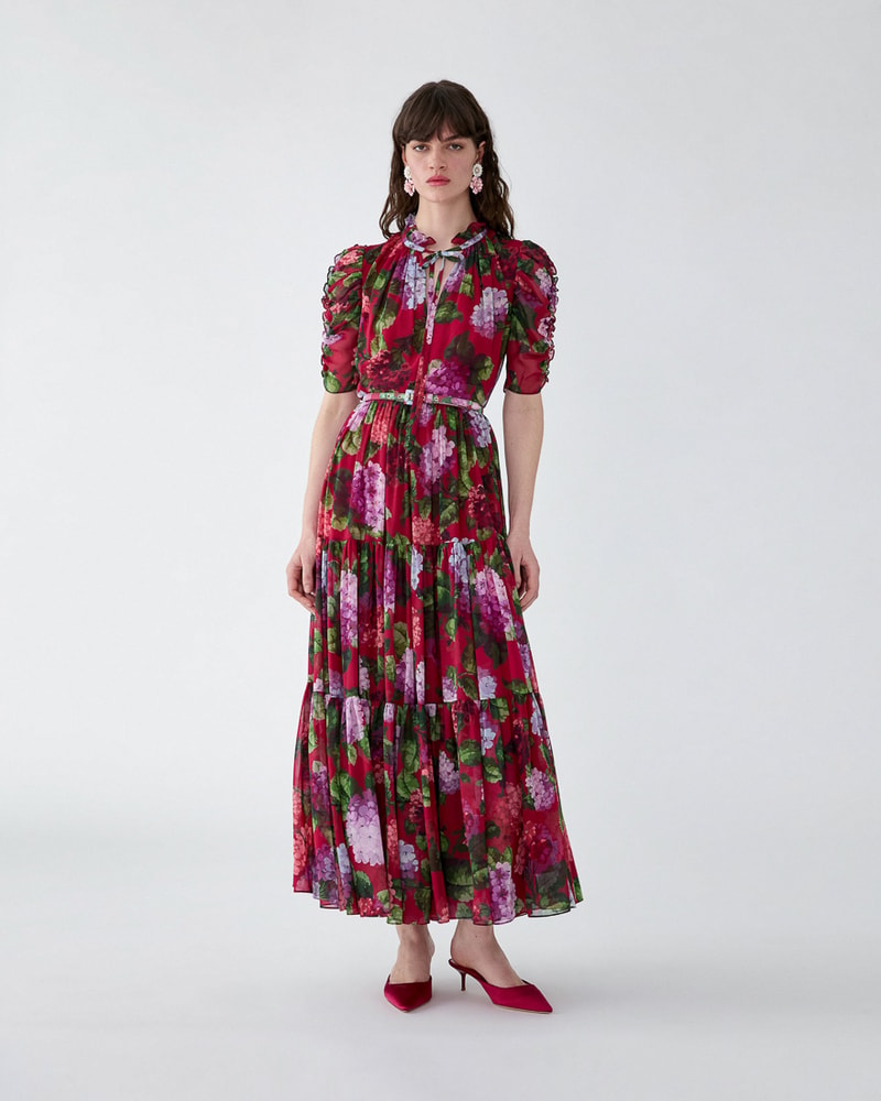 Hydrangea-Print Tiered Chiffon Dress