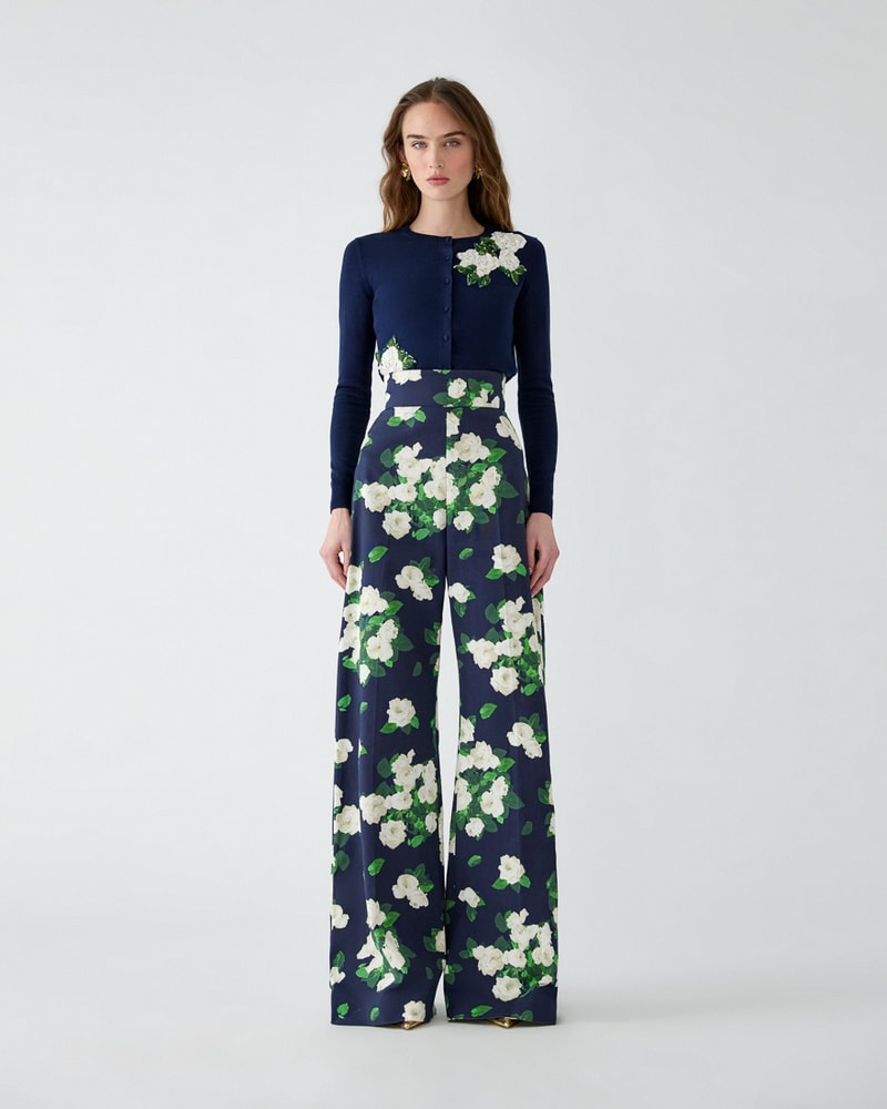 Rose-Print Wide-Leg Diane Pants