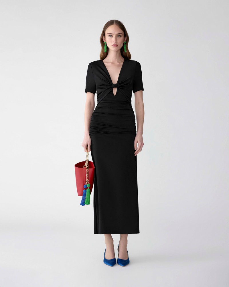Ruched Jersey V-Neck Midi Dress