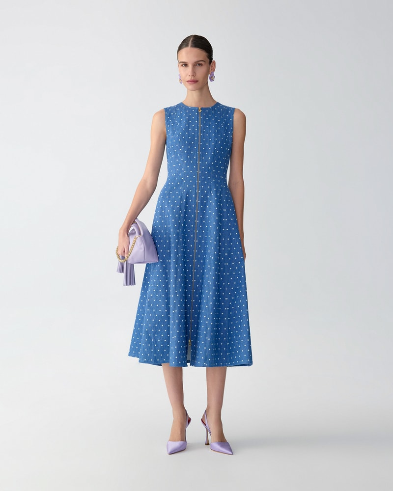 Polka Dot Denim A-Line Midi Dress