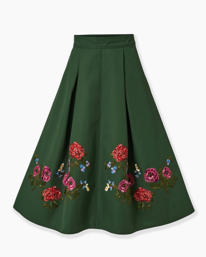 Floral-Embroidered Gabardine Midi Skirt