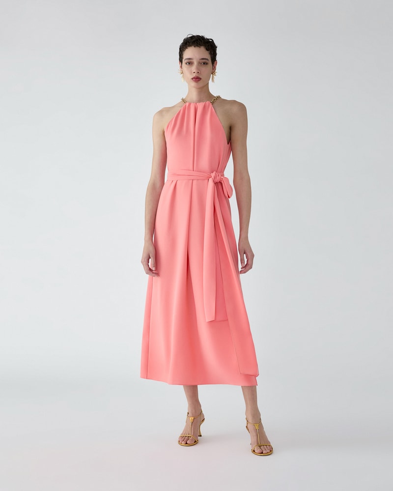 Chain-Strap Halterneck Midi Satin Dress