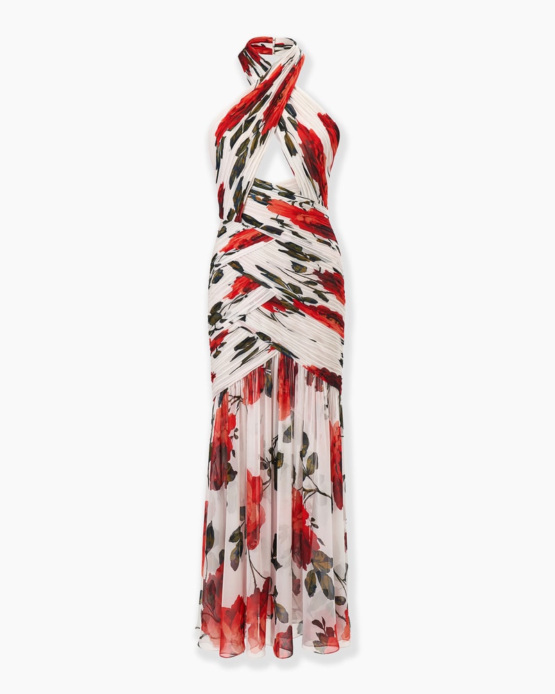 Rose-Print Chiffon Midi Dress