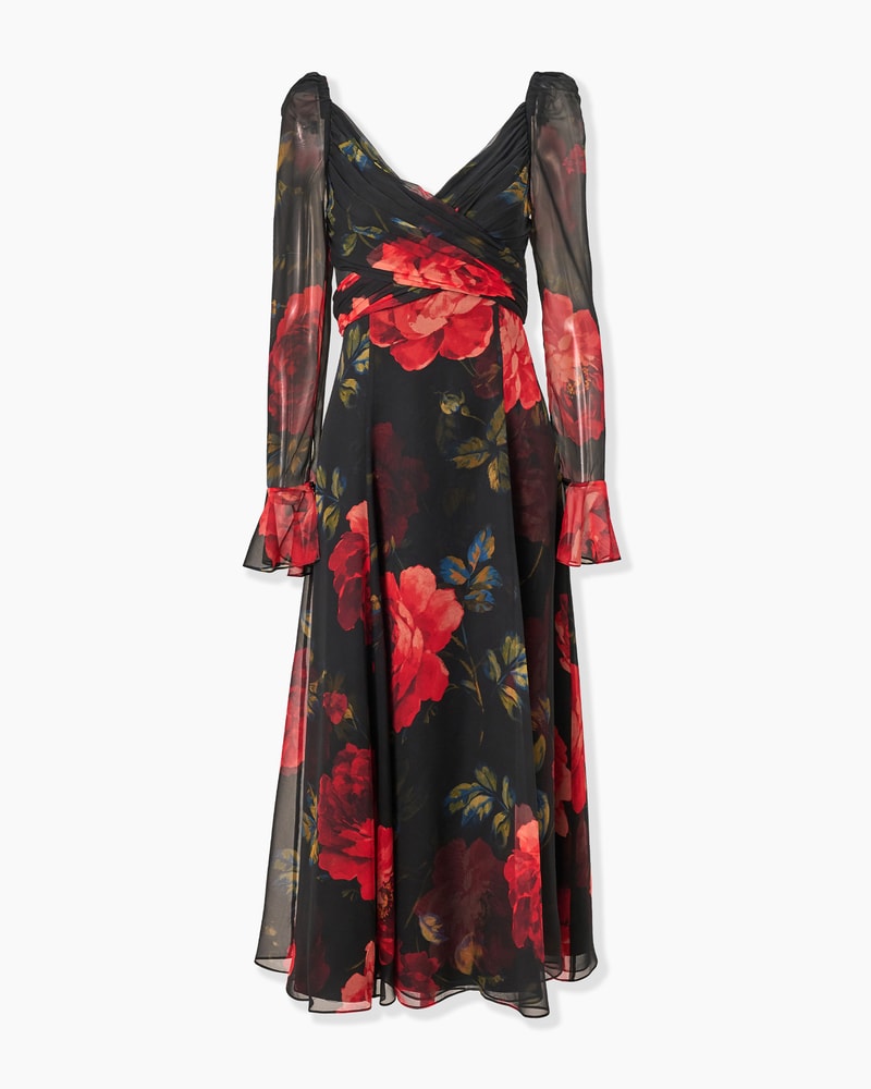 Rose-Print Chiffon V-Neck Midi Dress