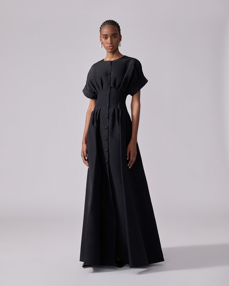 Rolled Sleeves Button-Front Gown